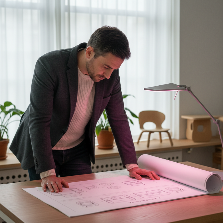 early years furniture - Professional 16:9 hero banner. Ultra high resolution. A thoughtful, expert designer, dressed in smart casual attire, meticulously reviews blueprints and schematics for early years furniture on a sleek, minimalist table. The blueprints show child-friendly designs with rounded corners and accessible heights. A soft, glowing accent light in #E2087E emanates from a modern desk lamp, highlighting the documents and casting a subtle magenta sheen on the designer's hands and the table surface. The background is a clean, uncluttered design studio with natural light filtering in. Style: Editorial photography, warm cinematic lighting. Avoid: Groups around holographic tables, generic tech aesthetics, text overlays, cold blue tones.