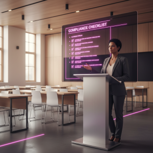 School Furniture Safety Standards - Professional 16:9 hero banner. Ultra high resolution. A confident, authoritative female expert (30s, diverse ethnicity) stands at a sleek, minimalist lectern in a modern, brightly lit school hall. She gestures towards a digital screen displaying a compliance checklist, highlighted with a #E2087E magenta glow. The background features blurred, modern classroom furniture, also subtly illuminated with #E2087E accent lighting. The overall feel is trustworthy and practical. Style: Editorial photography, warm cinematic lighting. Avoid: Groups around holographic tables, generic tech aesthetics, text overlays, cold blue tones.
