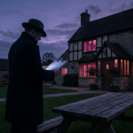 Compliance & Safety - Professional 16:9 hero banner. Ultra high resolution. A solitary, authoritative figure, perhaps a pub owner or facilities manager, stands silhouetted against the dramatic backdrop of a well-maintained, yet empty, outdoor pub garden at dusk. The figure is inspecting a robust, contract-grade outdoor picnic table, a clipboard in hand. A subtle, analytical glow in #737373 emanates from the clipboard, highlighting the intricate details of regulations and standards. The background features hints of a traditional UK pub building, with warm, inviting lights (in #E2087E) from inside. The overall mood is one of diligent oversight and serious responsibility. Style: Editorial photography with dramatic lighting. Avoid: Groups around holographic tables, generic tech aesthetics, text overlays, cold blue tones, stock photo clichés.