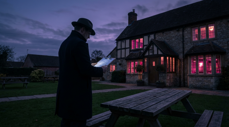 Compliance & Safety - Professional 16:9 hero banner. Ultra high resolution. A solitary, authoritative figure, perhaps a pub owner or facilities manager, stands silhouetted against the dramatic backdrop of a well-maintained, yet empty, outdoor pub garden at dusk. The figure is inspecting a robust, contract-grade outdoor picnic table, a clipboard in hand. A subtle, analytical glow in #737373 emanates from the clipboard, highlighting the intricate details of regulations and standards. The background features hints of a traditional UK pub building, with warm, inviting lights (in #E2087E) from inside. The overall mood is one of diligent oversight and serious responsibility. Style: Editorial photography with dramatic lighting. Avoid: Groups around holographic tables, generic tech aesthetics, text overlays, cold blue tones, stock photo clichés.