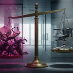 Cost vs. Value - Professional 16:9 hero banner. Ultra high resolution. A visually striking balance scale, one side weighted with a stack of cheap, identical office chairs that are visibly worn and breaking, subtly glowing with a #E2087E hue. The other side holds a single, sleek, modern ergonomic office chair, robust and illuminated by a precise #737373 accent light. In the background, a blurred, contemporary UK office environment. The composition should convey a clear comparison between short-term cost and long-term value, with a sense of authority and strategic thinking. Style: Editorial photography with dramatic, focused lighting.