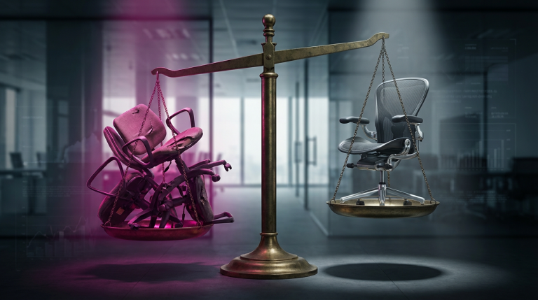 Cost vs. Value - Professional 16:9 hero banner. Ultra high resolution. A visually striking balance scale, one side weighted with a stack of cheap, identical office chairs that are visibly worn and breaking, subtly glowing with a #E2087E hue. The other side holds a single, sleek, modern ergonomic office chair, robust and illuminated by a precise #737373 accent light. In the background, a blurred, contemporary UK office environment. The composition should convey a clear comparison between short-term cost and long-term value, with a sense of authority and strategic thinking. Style: Editorial photography with dramatic, focused lighting.