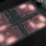 Designing Engaging Spaces - Professional 16:9 hero banner. Ultra high resolution. An aerial, slightly abstract view of a meticulously organised nursery classroom floor plan, rendered as a glowing blueprint on a dark, polished surface. Distinct, colour-coded zones (e.g., 'reading corner', 'messy play', 'construction') are subtly highlighted with soft, warm light in #E2087E. Key structural lines and pathways are illuminated with a precise, clean glow in #737373, suggesting clear flow and purposeful design. Small, stylised icons representing children's activities are visible within zones. The overall atmosphere is authoritative and structured, reflecting professional planning. Style: Architectural blueprint photography with a conceptual, glowing overlay.