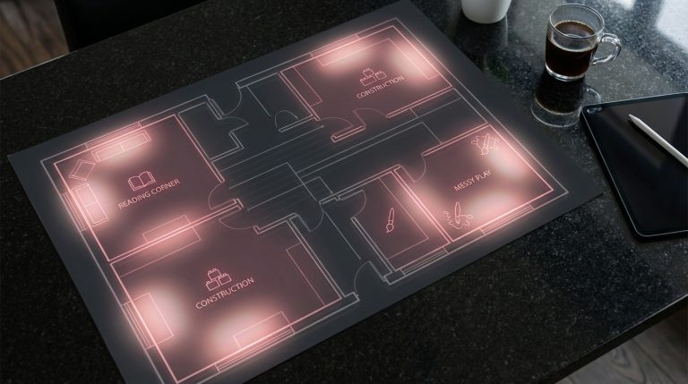 Designing Engaging Spaces - Professional 16:9 hero banner. Ultra high resolution. An aerial, slightly abstract view of a meticulously organised nursery classroom floor plan, rendered as a glowing blueprint on a dark, polished surface. Distinct, colour-coded zones (e.g., 'reading corner', 'messy play', 'construction') are subtly highlighted with soft, warm light in #E2087E. Key structural lines and pathways are illuminated with a precise, clean glow in #737373, suggesting clear flow and purposeful design. Small, stylised icons representing children's activities are visible within zones. The overall atmosphere is authoritative and structured, reflecting professional planning. Style: Architectural blueprint photography with a conceptual, glowing overlay.