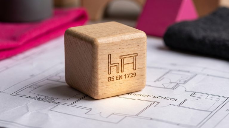 Early Years Furniture - Professional 16:9 hero banner. Ultra high resolution. A close-up, macro shot of a small, wooden building block with rounded edges, featuring a subtle engraved detail of the BS EN 1729 standard logo. The block is resting on a blueprint or schematic of a nursery layout, with a gentle accent glow of #737373 illuminating the safety standard. In the soft background, out of focus, are hints of vibrant #E2087E and deep #000000, suggesting a playful yet secure learning environment. The focus is on precision, safety, and foundational quality. Style: Editorial photography with a fine art touch.