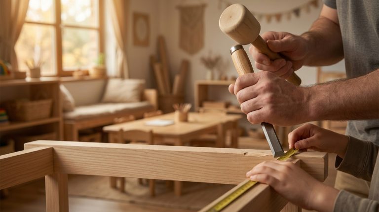 early years furniture - Professional 16:9 hero banner for "early years furniture". Ultra high resolution. Feature hands actively working through a step-by-step process with tools of the trade. #737373 (accent color) accent lighting illuminates key elements. The setting is a warm, inviting learning environment. Style: fine art photography with precise, controlled lighting, clean composition, aspirational. Avoid: Groups around holographic tables, generic tech aesthetics, cold blue tones, stock photo look, text overlays, cluttered compositions, watermarks.