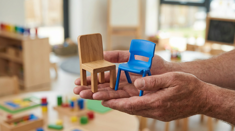 Early Years Furniture - Professional 16:9 hero banner. Ultra high resolution. A pair of adult hands, representing a school decision-maker, delicately balancing two miniature chairs: one crafted from smooth, natural wood, and the other from vibrant, durable plastic. The chairs are positioned against a softly blurred background of a modern, well-lit early years classroom in the UK. Subtle accent lighting in #737373 casts a gentle glow on the hands and chairs, highlighting the contrast in materials. The overall mood is thoughtful and authoritative, reflecting a careful decision-making process. Style: Editorial photography, with a shallow depth of field. Avoid: Generic classroom setups, children, text overlays, cold blue tones.