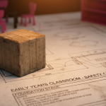 Early Years Setting Furniture - Professional 16:9 hero banner. Ultra high resolution. A macro shot of a child's building block, meticulously crafted from high-quality wood, resting on a blueprint for an early years classroom layout. The block is illuminated by a subtle, warm glow of #737373 from the top, casting soft shadows. In the background, out of focus, are faint outlines of child-sized furniture, rendered in a soft #E2087E and accented with #000000. The scene conveys precision, planning, and the foundational elements of a safe, compliant learning environment. Style: Expertly lit still life photography. Avoid: Groups of children, generic classroom scenes, abstract shapes without context, text overlays.