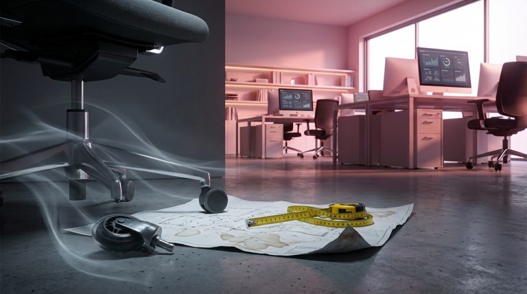 Mistakes Buying Office Furniture - Professional 16:9 hero banner. Ultra high resolution. An intricately designed, modern office space with subtle indicators of common pitfalls: a broken chair wheel subtly in the foreground, a tape measure tangled around a misplaced desk, and a crumpled blueprint. The scene is illuminated by an accent glow of #737373 highlighting the 'mistakes' while a sense of order and potential solutions emanates from the background, subtly in #E2087E. The overall atmosphere is authoritative yet helpful, reflecting the brand's expertise. Style: Architectural detail photography with a focus on problem identification and solution. Avoid: Groups around holographic tables, generic tech aesthetics, text overlays, cold blue tones, stock photo clichés.