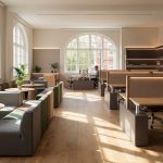 modern office furniture - Professional 16:9 hero banner. Ultra high resolution. A sophisticated, contemporary office interior in the UK, showcasing a blend of ergonomic height-adjustable desks and comfortable, modular breakout area furniture. Sunlight streams through large windows, illuminating a sleek, minimalist design with warm wood tones and muted textiles. A soft, inviting glow of the brand's accent colour (#737373) emanates from discreet lighting fixtures, highlighting key furniture pieces. The scene suggests a flexible, collaborative, and human-centric workspace, designed for productivity and wellbeing. Style: Editorial architectural photography. Avoid: Groups of people, generic tech, text overlays, cold blue tones, sterile environments.