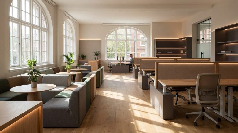 modern office furniture - Professional 16:9 hero banner. Ultra high resolution. A sophisticated, contemporary office interior in the UK, showcasing a blend of ergonomic height-adjustable desks and comfortable, modular breakout area furniture. Sunlight streams through large windows, illuminating a sleek, minimalist design with warm wood tones and muted textiles. A soft, inviting glow of the brand's accent colour (#737373) emanates from discreet lighting fixtures, highlighting key furniture pieces. The scene suggests a flexible, collaborative, and human-centric workspace, designed for productivity and wellbeing. Style: Editorial architectural photography. Avoid: Groups of people, generic tech, text overlays, cold blue tones, sterile environments.