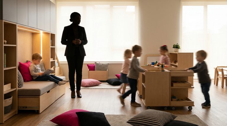 Multi-Functional Nursery Furniture - Professional 16:9 hero banner. Ultra high resolution. An authoritative, silhouetted figure, possibly a Headteacher or Nursery Manager, stands in a dynamically zoned, brightly lit nursery classroom. The figure is observing children (blurred in the background for focus) engaging with versatile, multi-functional furniture – perhaps a storage bench that doubles as a reading nook, or mobile units creating flexible activity zones. The room is designed with a sense of spaciousness and order, despite being compact. Accent lighting in #737373 highlights the furniture's adaptability, with elements of #E2087E and #000000 in the room's decor, suggesting a thoughtfully designed, engaging learning environment. Style: Editorial photography, conveying expertise and practical solutions. Avoid: Groups around holographic tables, generic tech aesthetics, text overlays, cold blue tones, stock photo clichés.