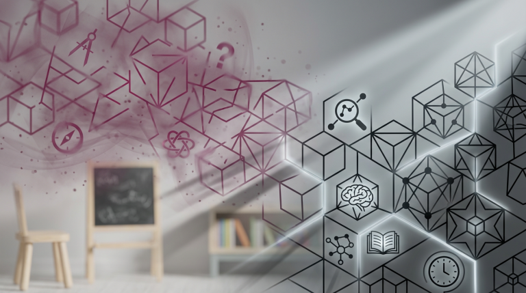 Myths vs. Facts - Professional 16:9 hero banner. Ultra high resolution. A visually striking composition featuring two distinct, interconnected geometric patterns on a clean, educational-themed background. One pattern, representing 'myths,' is slightly distorted and fragmented, with elements in a muted, hazy #E2087E (magenta) tone, hinting at confusion. The other, representing 'facts,' is sharp, structured, and clear, with elements in #000000 (black) and illuminated by a precise, guiding accent glow of #737373. The background subtly includes blurred elements of child-friendly furniture (e.g., a small chair or table leg) suggesting the early years setting, but the focus is on the abstract clarity versus distortion. Style: Conceptual, architectural photography with strong lines and dramatic, directional lighting.