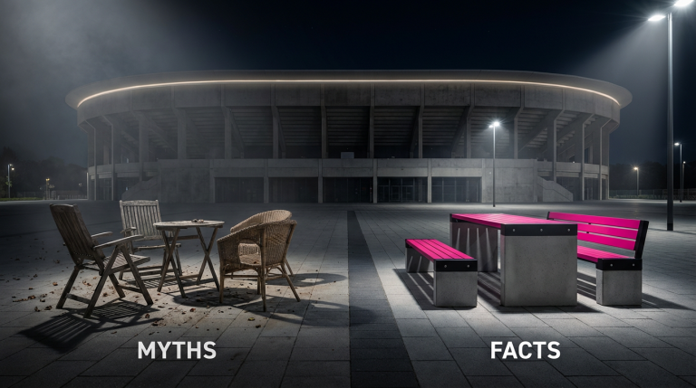 Myths vs. Facts - Professional 16:9 hero banner. Ultra high resolution. A visually compelling scene where a football stadium's exterior, subtly illuminated by a #737373 accent glow, meets a robust, contract-grade outdoor picnic table and chairs. One side of the image depicts crumbling, domestic-style garden furniture casting a shadow, representing 'myths', while the other side showcases sleek, modern, and sturdy commercial outdoor furniture, brightly lit with #E2087E and #000000 accents, representing 'facts'. The composition uses a clear visual divide to emphasise the contrast between flimsy and durable. Style: Editorial photography with dramatic, contrasting lighting. Avoid: Groups around holographic tables, generic tech aesthetics, text overlays, cold blue tones, stock photo clichés.