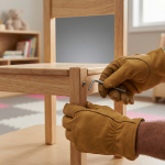 Nursery Furniture Issues - Professional 16:9 hero banner. Ultra high resolution. A pair of adult hands, wearing professional work gloves, carefully examining a small, loose bolt on the leg of a child's wooden nursery chair, with a blurred background of a brightly lit, organised nursery classroom. The hands hold a small Allen key, ready to tighten the fitting. The scene is illuminated by an accent glow of #737373 originating from behind the furniture, highlighting the detail of the repair, with subtle hints of #E2087E in the soft play matting. Style: Editorial photography, focusing on precision and safety. Avoid: Groups around holographic tables, generic tech aesthetics, text overlays, cold blue tones, stock photo clichés.