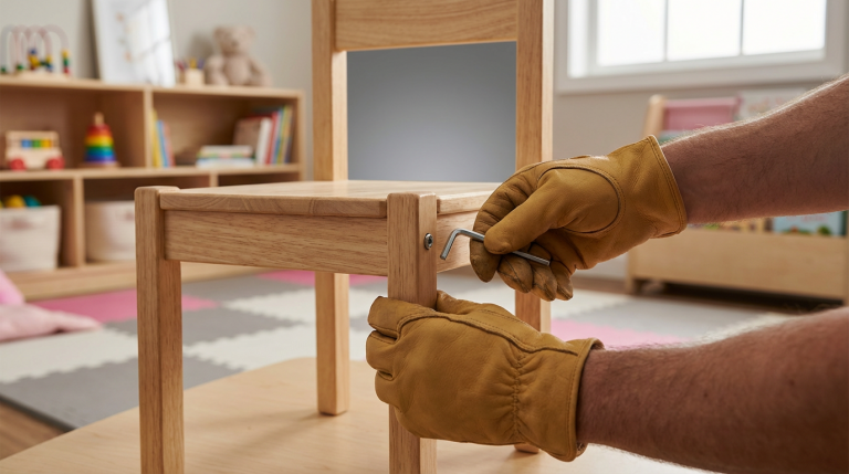 Nursery Furniture Issues - Professional 16:9 hero banner. Ultra high resolution. A pair of adult hands, wearing professional work gloves, carefully examining a small, loose bolt on the leg of a child's wooden nursery chair, with a blurred background of a brightly lit, organised nursery classroom. The hands hold a small Allen key, ready to tighten the fitting. The scene is illuminated by an accent glow of #737373 originating from behind the furniture, highlighting the detail of the repair, with subtle hints of #E2087E in the soft play matting. Style: Editorial photography, focusing on precision and safety. Avoid: Groups around holographic tables, generic tech aesthetics, text overlays, cold blue tones, stock photo clichés.