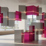 Office Furniture Trends 2024-2026 - Professional 16:9 hero banner. Ultra high resolution. A sophisticated, abstract geometric composition representing the evolving UK office landscape. Interlocking, translucent planes of grey (#737373) and magenta (#E2087E) form dynamic, modular structures, symbolising flexibility and adaptability in workplace design. A subtle, warm glow of #737373 emanates from behind key elements, highlighting their interconnectedness. The overall impression is one of strategic planning and modern, sustainable solutions for commercial spaces. Style: Architectural photography with a clean, conceptual aesthetic. Avoid: Groups around holographic tables, generic tech aesthetics, text overlays, cold blue tones, stock photo clichés.