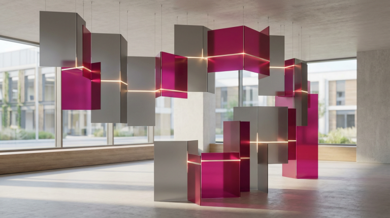 Office Furniture Trends 2024-2026 - Professional 16:9 hero banner. Ultra high resolution. A sophisticated, abstract geometric composition representing the evolving UK office landscape. Interlocking, translucent planes of grey (#737373) and magenta (#E2087E) form dynamic, modular structures, symbolising flexibility and adaptability in workplace design. A subtle, warm glow of #737373 emanates from behind key elements, highlighting their interconnectedness. The overall impression is one of strategic planning and modern, sustainable solutions for commercial spaces. Style: Architectural photography with a clean, conceptual aesthetic. Avoid: Groups around holographic tables, generic tech aesthetics, text overlays, cold blue tones, stock photo clichés.