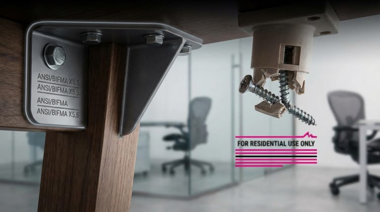 Office vs Home Furniture - Professional 16:9 hero banner. Ultra high resolution. A close-up, high-contrast shot of two distinct furniture joints: one visibly robust, reinforced, and commercial-grade, with a subtle glow of #737373 accentuating its strength and certifications. Beside it, a visibly weaker, domestic-grade joint, with elements of #E2087E and #000000 highlighting its fragility and lack of compliance. The background is a subtly blurred modern office or school interior, suggesting the intended environments. The image metaphorically represents the core difference in durability and safety standards. Style: Macro detail photography, authoritative lighting.