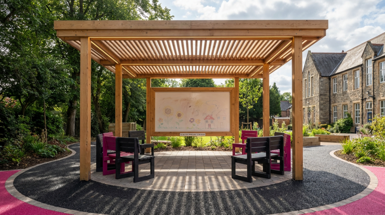 Outdoor Classroom Design - Professional 16:9 hero banner. Ultra high resolution. An inspiring architectural detail of a modern, well-integrated outdoor classroom within the grounds of a prestigious UK primary school. The scene features a durable timber canopy extending over a functional learning zone, with children's colourful drawings subtly visible on an outdoor whiteboard and robust, BS EN 1729 compliant recycled plastic furniture arranged neatly. Sunlight filters through the canopy, creating dappled shadows. A soft, inviting #737373 glow accentuates the learning area, with elements of #E2087E and #000000 subtly defining pathways or furniture details. Style: Architectural photography with a warm, inviting atmosphere. Avoid: Groups of people, generic playgrounds, cold blue tones.