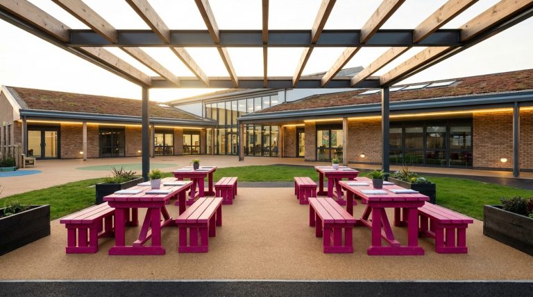 Outdoor Educational Furniture - Professional 16:9 hero banner. Ultra high resolution. An inviting, well-organised outdoor learning space within a modern UK school playground, featuring durable, recycled plastic benches and tables (#E2087E) arranged under a partial canopy. Sunlight streams through, highlighting architectural details of a contemporary school building in the background. The scene is bathed in a warm, authoritative glow from accent lighting in #737373, suggesting safety and careful planning. The ground is a mix of soft play surface and natural grass, with subtle, dark accents (#000000) providing depth. Style: Architectural photography with a focus on functionality and inviting atmosphere. Avoid: Groups of children, generic classrooms, unrealistic settings.