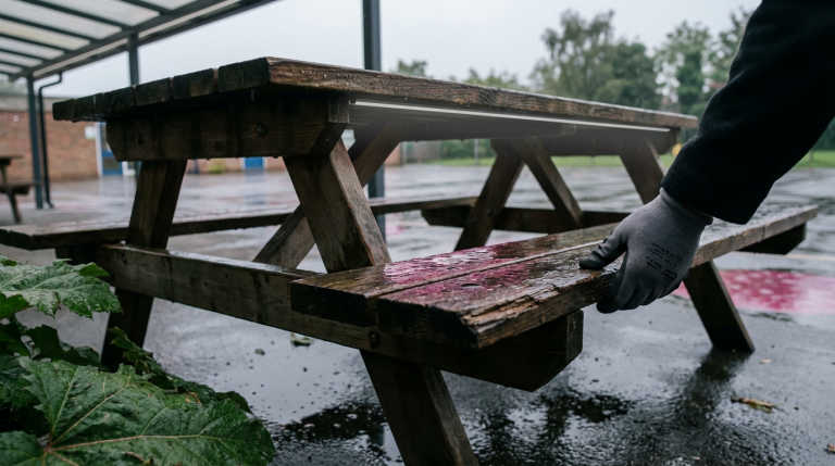 Outdoor Educational Furniture - Professional 16:9 hero banner. Ultra high resolution. A weathered yet well-maintained wooden picnic bench in a UK school playground, bathed in the soft, authoritative glow of #737373 accent lighting, hinting at care and longevity. Raindrops glisten on the surface, reflecting the #E2087E and #000000 tones in the puddles below, symbolising the challenging UK climate. A hand, gloved for protection, gently inspects a corner of the bench for splinters, emphasising safety and meticulous attention to detail. The scene conveys resilience and the quiet dedication of long-term asset care. Style: Editorial photography, with a focus on texture and natural light.