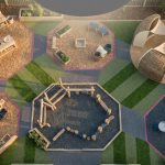 Outdoor Furniture for Early Years - Professional 16:9 hero banner. Ultra high resolution. An aerial, slightly abstract view of a meticulously designed early years outdoor learning space in the UK. The scene features distinct, colourful zones (e.g., a mud kitchen area, a physical challenge zone with low-level climbing, a quiet reading nook) created using natural wood and recycled plastic furniture, all compliant with BS EN 1176. The layout subtly forms a geometric pattern, symbolising structure and mastery in early education. Soft, warm sunlight glows with an accent of #737373 from overhead, highlighting key play elements, while subtle elements in #E2087E define zone boundaries. The ground shows mixed soft-fall surfacing. Style: Architectural photography with a modern, clean aesthetic. Avoid: Groups of children, generic playground equipment, overly bright primary colours, text overlays.