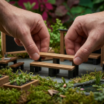 Outdoor Learning Furniture - Professional 16:9 hero banner. Ultra high resolution. An intricately designed miniature outdoor classroom scene, meticulously crafted from sustainable materials like recycled plastic and FSC-certified timber. A pair of adult hands (representing a school leader) gently places a small, modular bench into the scene, illuminated by a focused #737373 accent glow, with hints of #E2087E in the background foliage. The scene is set within a slightly overgrown, yet inviting, miniature UK school garden, symbolising growth and natural learning environments. Style: Detailed macro photography with a shallow depth of field, emphasising the craftsmanship and strategic planning. Avoid: Groups of people, generic school playgrounds, abstract shapes, text overlays.