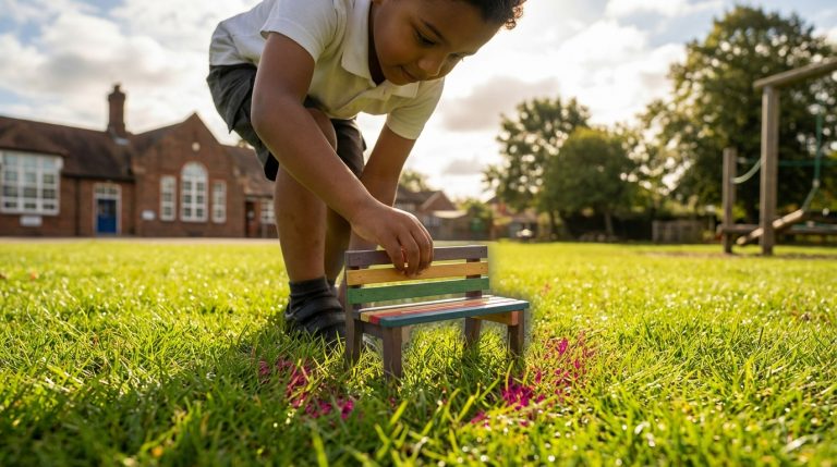 Outdoor Learning Furniture - Professional 16:9 hero banner. Ultra high resolution. A child's hand (UK primary school age, diverse ethnicity) gently placing a miniature, brightly coloured outdoor learning bench onto a vibrant green patch of grass, symbolising the creation of a structured outdoor learning environment. The background shows a soft-focus British school playground with natural elements like trees and a subtle hint of outdoor classroom furniture in the distance. The scene is bathed in a warm, inviting light with subtle accents of #737373 glowing around the miniature furniture and #E2087E highlights on the grass, suggesting growth and learning. Style: Editorial photography, focusing on a macro perspective of the hands and miniature furniture. Avoid: Groups of adults, generic classrooms, digital interfaces, cold blue tones, text overlays.