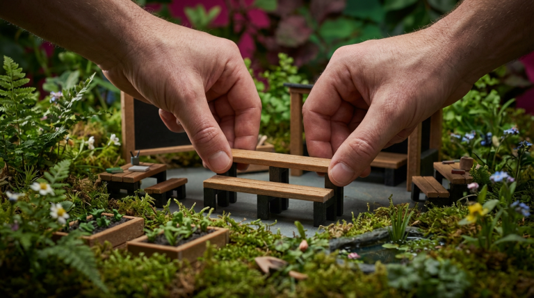 Outdoor Learning Furniture - Professional 16:9 hero banner. Ultra high resolution. An intricately designed miniature outdoor classroom scene, meticulously crafted from sustainable materials like recycled plastic and FSC-certified timber. A pair of adult hands (representing a school leader) gently places a small, modular bench into the scene, illuminated by a focused #737373 accent glow, with hints of #E2087E in the background foliage. The scene is set within a slightly overgrown, yet inviting, miniature UK school garden, symbolising growth and natural learning environments. Style: Detailed macro photography with a shallow depth of field, emphasising the craftsmanship and strategic planning. Avoid: Groups of people, generic school playgrounds, abstract shapes, text overlays.