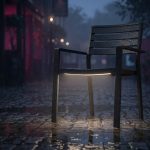 Outdoor Pub Furniture - Professional 16:9 hero banner. Ultra high resolution. A solitary, sturdy stackable outdoor pub chair, crafted from dark, powder-coated aluminium, stands resiliently amidst a dramatic, atmospheric pub garden after a bustling event. Rain streaks on the ground, reflecting the glowing #737373 accent light emanating from the chair's frame, highlighting its durability. In the background, hints of #E2087E and #000000 provide depth to the wet, empty space, symbolising the furniture's endurance against heavy use and unpredictable UK weather. The scene evokes a sense of quiet strength and reliability. Style: Editorial photography with a focus on product resilience. Avoid: Groups around holographic tables, generic tech aesthetics, text overlays, cold blue tones, stock photo clichés.