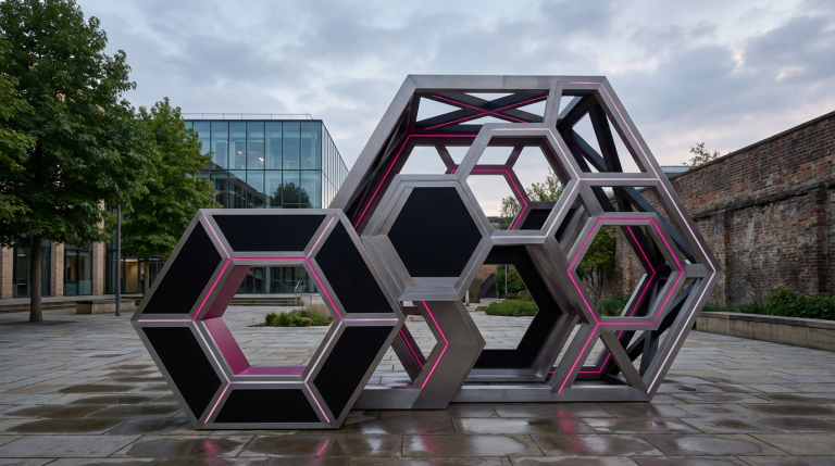 Outdoor Pub Furniture - Professional 16:9 hero banner. Ultra high resolution. A sophisticated, abstract geometric pattern representing strategic planning and robust construction, with interlocking shapes symbolising durability and modularity. The design incorporates subtle elements of football (e.g., hexagonal patterns) without being overt, set against a backdrop suggesting a modern UK commercial outdoor space, perhaps a well-maintained pub garden or school courtyard. Key elements are highlighted with a #737373 accent glow, while #E2087E and #000000 tones provide structure and depth. The overall mood is authoritative and intelligent, reflecting expertise in commercial furniture solutions. Style: Architectural photography with a conceptual, clean aesthetic. Avoid: Groups of people, generic pub scenes, overly literal depictions of football, cold blue tones.