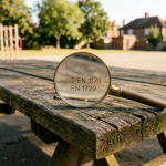 Outdoor School Furniture Safety Standards - Professional 16:9 hero banner. Ultra high resolution. A weathered, yet sturdy wooden school picnic bench, seen from a low, macro perspective, with a magnifying glass resting on its surface, highlighting a small, engraved 'BS EN 1176' or 'EN 1729' certification mark. The background is a slightly blurred, sunny UK school playground. Subtle accent lighting in #737373 casts a warm glow on the certification mark, with hints of #E2087E in the distant playground equipment. Style: Editorial photography, focusing on texture and detail. Avoid: Groups around holographic tables, generic tech aesthetics, text overlays, cold blue tones, stock photo clichés.