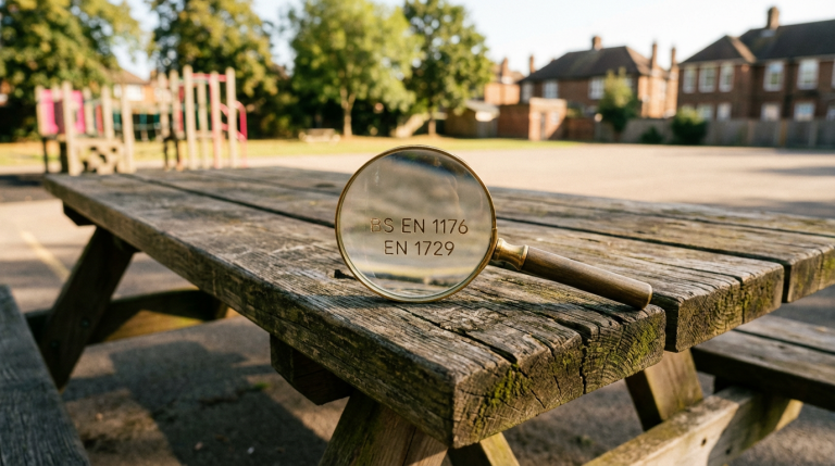 Outdoor School Furniture Safety Standards - Professional 16:9 hero banner. Ultra high resolution. A weathered, yet sturdy wooden school picnic bench, seen from a low, macro perspective, with a magnifying glass resting on its surface, highlighting a small, engraved 'BS EN 1176' or 'EN 1729' certification mark. The background is a slightly blurred, sunny UK school playground. Subtle accent lighting in #737373 casts a warm glow on the certification mark, with hints of #E2087E in the distant playground equipment. Style: Editorial photography, focusing on texture and detail. Avoid: Groups around holographic tables, generic tech aesthetics, text overlays, cold blue tones, stock photo clichés.