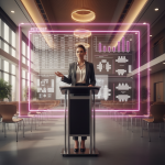 school furniture budget - Professional 16:9 hero banner. Ultra high resolution. A confident, authoritative female school business manager, in smart business attire, stands at a modern, sleek podium in a brightly lit, contemporary school hall. She is presenting insights on a large, transparent digital screen behind her, displaying budget spreadsheets and furniture layouts, all subtly accented with a #E2087E magenta glow. The scene is well-organised, reflecting meticulous planning. The overall lighting is warm cinematic, with key light sources and UI elements subtly emitting the #E2087E magenta. Style: Editorial photography, clean lines, professional. Avoid: Groups around holographic tables, generic tech aesthetics, text overlays, cold blue tones.