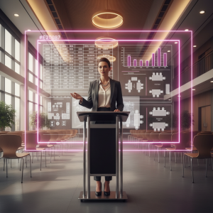 school furniture budget - Professional 16:9 hero banner. Ultra high resolution. A confident, authoritative female school business manager, in smart business attire, stands at a modern, sleek podium in a brightly lit, contemporary school hall. She is presenting insights on a large, transparent digital screen behind her, displaying budget spreadsheets and furniture layouts, all subtly accented with a #E2087E magenta glow. The scene is well-organised, reflecting meticulous planning. The overall lighting is warm cinematic, with key light sources and UI elements subtly emitting the #E2087E magenta. Style: Editorial photography, clean lines, professional. Avoid: Groups around holographic tables, generic tech aesthetics, text overlays, cold blue tones.