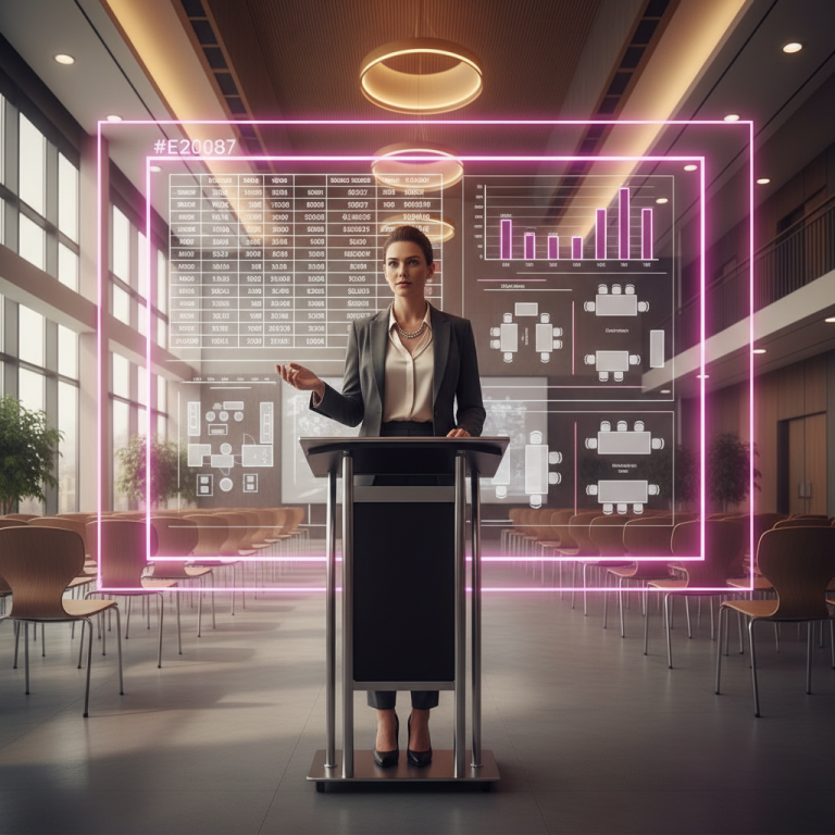 school furniture budget - Professional 16:9 hero banner. Ultra high resolution. A confident, authoritative female school business manager, in smart business attire, stands at a modern, sleek podium in a brightly lit, contemporary school hall. She is presenting insights on a large, transparent digital screen behind her, displaying budget spreadsheets and furniture layouts, all subtly accented with a #E2087E magenta glow. The scene is well-organised, reflecting meticulous planning. The overall lighting is warm cinematic, with key light sources and UI elements subtly emitting the #E2087E magenta. Style: Editorial photography, clean lines, professional. Avoid: Groups around holographic tables, generic tech aesthetics, text overlays, cold blue tones.