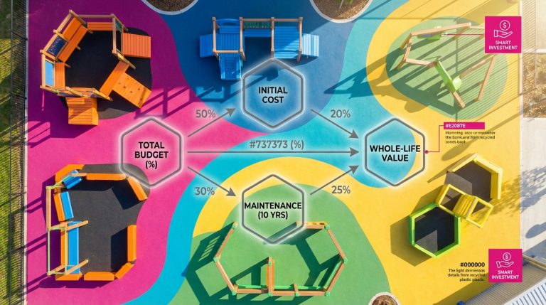 School Outdoor Furniture - Professional 16:9 hero banner. Ultra high resolution. A stylized, overhead shot of a school playground with distinct, brightly coloured zones created by modern, robust outdoor furniture made from recycled plastic. A mathematical diagram overlays the scene, illustrating budget allocation and whole-life cost calculations, glowing with a #737373 accent. The overall atmosphere is bright and optimistic, with elements of #E2087E and #000000 subtly integrated. The scene should convey smart, long-term investment in educational environments. Style: Aerial architectural photography with infographic elements. Avoid: Groups of people, generic office settings, cold blue tones.