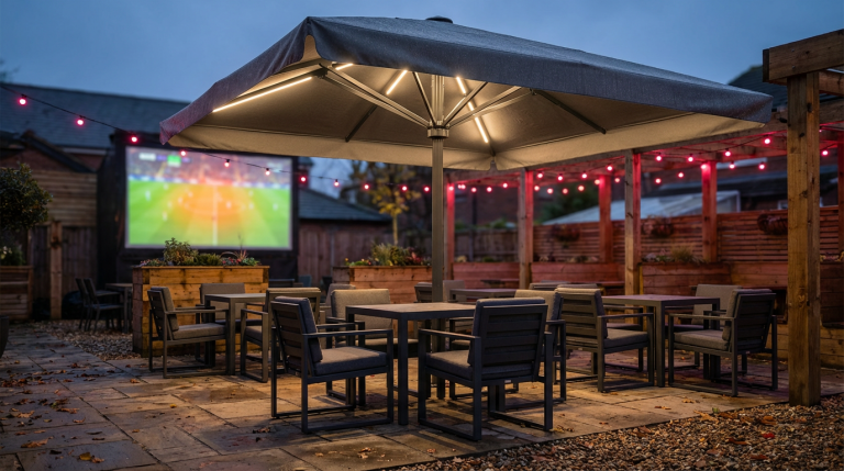Weatherproof Pub Garden - Professional 16:9 hero banner. Ultra high resolution. A robust, stylish commercial outdoor umbrella, partially opened, with a subtle glow of #737373 light emanating from its interior ribs, casting dramatic shadows. Below it, high-quality, contract-grade pub garden furniture (dark grey powder-coated aluminium chairs and tables) stands ready. In the background, hints of a large outdoor screen showing a football match are visible, with warm, inviting string lights (#E2087E) draped overhead. The scene is set in a modern, well-maintained UK pub garden, showcasing readiness for any weather. Style: Editorial photography, focusing on texture and material quality. Avoid: Groups around holographic tables, generic tech aesthetics, text overlays, cold blue tones, stock photo clichés.
