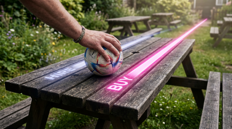 World Cup outdoor furniture - Professional 16:9 hero banner. Ultra high resolution. A close-up, high-angle shot of a weathered but sturdy wooden picnic bench, specifically a heavy-duty pub garden type, with a single hand (representing a pub owner) gently resting on its surface. The hand is holding a small, stylised football, indicating the World Cup. On the bench surface, there are two distinct, subtly glowing lines: one leading off to the left, representing 'hire' (fading quickly and less vibrant), and another leading off to the right, representing 'buy' (glowing brightly in #E2087E and extending further into the distance, symbolising long-term value). The scene is set in a typical British pub garden, with soft, diffused sunlight filtering through. Accent lighting in #737373 subtly illuminates the 'buy' path and the football. Style: Editorial photography with a focus on tactile textures and strategic lighting.