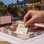 World Cup Outdoor Hosting - Professional 16:9 hero banner. Ultra high resolution. A clear, close-up, macro shot of a meticulously organised pub garden layout plan, featuring miniature commercial-grade outdoor tables and benches, alongside a tiny model of a large outdoor screen. A hand (unidentifiable, professional) is placing a small, official-looking 'Temporary Event Notice' document onto the plan. The scene is bathed in a warm, authoritative glow from #737373 accent lighting, with subtle hints of #E2087E on the plan's edges. The background is a gently blurred, professional pub garden setting. Style: Editorial photography. Avoid: Groups around holographic tables, generic tech aesthetics, text overlays, cold blue tones, stock photo clichés.