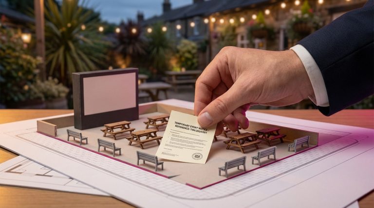 World Cup Outdoor Hosting - Professional 16:9 hero banner. Ultra high resolution. A clear, close-up, macro shot of a meticulously organised pub garden layout plan, featuring miniature commercial-grade outdoor tables and benches, alongside a tiny model of a large outdoor screen. A hand (unidentifiable, professional) is placing a small, official-looking 'Temporary Event Notice' document onto the plan. The scene is bathed in a warm, authoritative glow from #737373 accent lighting, with subtle hints of #E2087E on the plan's edges. The background is a gently blurred, professional pub garden setting. Style: Editorial photography. Avoid: Groups around holographic tables, generic tech aesthetics, text overlays, cold blue tones, stock photo clichés.