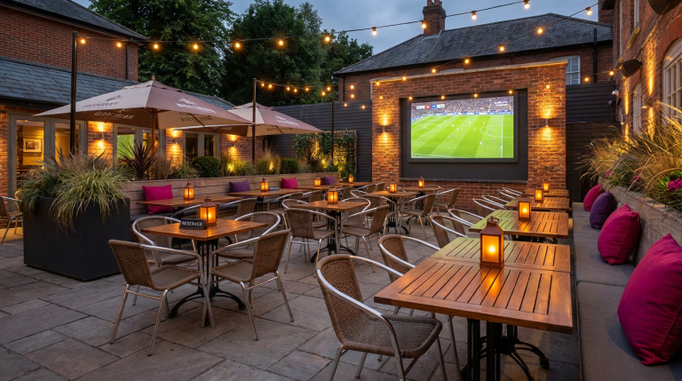 World Cup Pub Furniture - Professional 16:9 hero banner. Ultra high resolution. A meticulously designed, inviting pub outdoor seating area, ready for a major event. The setting is a vibrant, modern British pub garden with a large screen subtly showing a football match. Focus on high-quality, durable commercial outdoor furniture, including stylish poseur tables and comfortable, stackable chairs, arranged to maximise capacity. Warm, inviting lighting casts a glow, with key highlights and accent lighting in #737373, and secondary elements like decorative planters or cushions in #E2087E. The atmosphere is expectant and buzzing, hinting at high revenue potential, but currently calm and perfectly set up. Style: Editorial photography with a slightly elevated, aspirational feel. Avoid: Groups around holographic tables, generic tech aesthetics, text overlays, cold blue tones, stock photo clichés.