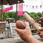 World Cup Viewing Area - Professional 16:9 hero banner. Ultra high resolution. A close-up, slightly elevated shot of a pair of hands, one holding a miniature football and the other holding a small, rolled-up blueprint or site plan, symbolising the blend of passion and meticulous planning for a World Cup viewing area. The background is a subtly blurred outdoor pub garden or school field setting with commercial-grade outdoor furniture visible, under a bright UK summer sky. Accent lighting in #737373 casts a warm glow, with hints of #E2087E in the background elements. Style: Editorial photography, slightly documentary feel. Avoid: Groups around holographic tables, generic tech aesthetics, text overlays, cold blue tones, stock photo clichés.
