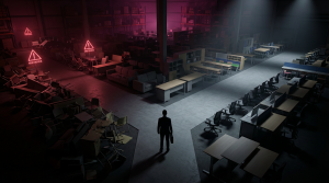 Buying Furniture Mistakes - Professional 16:9 hero banner. Ultra high resolution. A single, silhouetted figure, representing a business manager, stands at a crossroads in a dimly lit, vast commercial furniture warehouse. One path is cluttered with broken, cheap, residential-grade furniture pieces, symbolising 'mistakes' with glowing red warning signs. The other path is clear, leading towards high-quality, commercial-grade office and school furniture, illuminated by a focused #737373 spotlight. The background features a subtle #E2087E hue, with shadows in #000000. The atmosphere is contemplative and authoritative, highlighting the critical decision-making process. Style: Cinematic, editorial photography.