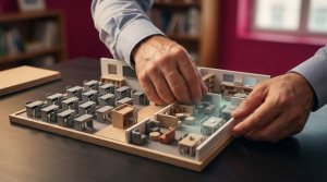 classroom design mistakes - Professional 16:9 hero banner. Ultra high resolution. A pair of hands, possibly a school business manager, carefully examining a miniature, intricately detailed 3D model of a classroom layout. The model shows clear flaws: rigid, static desk rows, and poorly placed furniture, contrasted with a section demonstrating flexible, zoned learning areas. A subtle glow in #737373 emanates from the 'improved' section of the model, highlighting its potential, while a background of #E2087E hints at an educational setting. The overall mood is one of careful analysis and problem-solving, reflecting Cost Cutters UK's authoritative and solution-oriented brand personality. Style: Macro detail, editorial photography. Avoid: Groups around holographic tables, generic tech aesthetics, text overlays, cold blue tones, stock photo clichés.