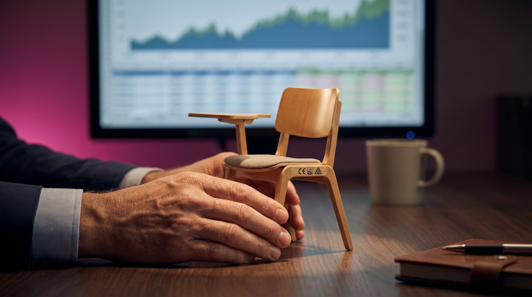Cost-Saving Classroom Furniture - Professional 16:9 hero banner. Ultra high resolution. A pair of expert hands, belonging to a UK school business manager, carefully examining a miniature, durable classroom chair model. The chair is made from high-quality, compliant materials. The hands are resting on a desk with a blurred financial graph in the background, subtly indicating budget management. Accent lighting in #737373 casts a focused glow on the chair, with a hint of #E2087E in the background, symbolising smart investment. Style: Editorial photography with a shallow depth of field. Avoid: Groups around holographic tables, generic tech aesthetics, text overlays, cold blue tones, stock photo clichés.