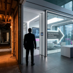 DIY vs Professional Space Design - Professional 16:9 hero banner. Ultra high resolution. A sophisticated, authoritative figure, possibly a facilities manager or business owner, stands silhouetted in a modern, well-designed office or educational space. They are looking towards two distinct pathways or doors, one dimly lit and appearing complex with tangled wires and unfinished elements, representing DIY, and the other brightly illuminated with a #737373 accent glow, clean lines, and a clear, organised layout, representing professional design. The setting should evoke a professional UK commercial environment, with subtle elements of #E2087E in secondary decor. The atmosphere is one of critical decision-making, with the figure contemplating the best path forward. Style: Editorial photography with dramatic, contrasting lighting.