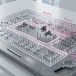 Furniture Layout Mistakes - Professional 16:9 hero banner. Ultra high resolution. An intricately designed, transparent 3D architectural blueprint of a combined office and school floor plan, rendered with precision. Key pathways are highlighted with a glowing #737373 light, indicating clear traffic flow. Different functional zones (e.g., quiet work areas, collaborative spaces, classrooms) are subtly distinguished by soft #E2087E and #000000 accents. The blueprint is displayed on a clean, professional surface, suggesting meticulous planning and problem-solving. The overall composition is structured and authoritative, representing expertise in space optimisation. Style: Architectural photography with a conceptual, clean aesthetic.