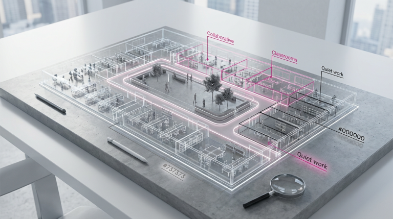 Furniture Layout Mistakes - Professional 16:9 hero banner. Ultra high resolution. An intricately designed, transparent 3D architectural blueprint of a combined office and school floor plan, rendered with precision. Key pathways are highlighted with a glowing #737373 light, indicating clear traffic flow. Different functional zones (e.g., quiet work areas, collaborative spaces, classrooms) are subtly distinguished by soft #E2087E and #000000 accents. The blueprint is displayed on a clean, professional surface, suggesting meticulous planning and problem-solving. The overall composition is structured and authoritative, representing expertise in space optimisation. Style: Architectural photography with a conceptual, clean aesthetic.